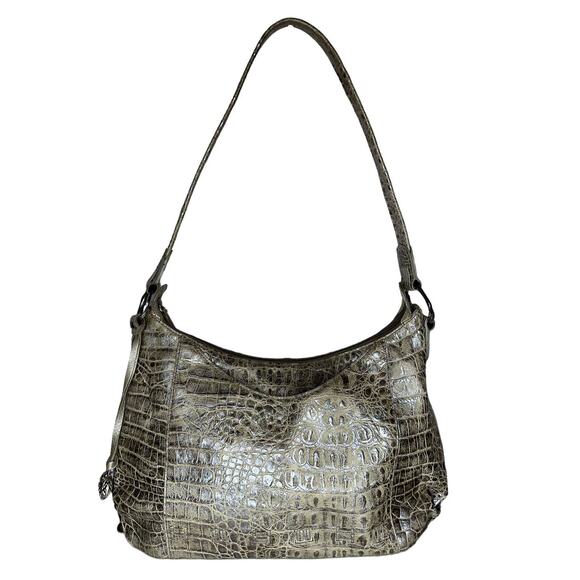 Brighton Croc Embossed Beige Green Metallic Hand Bag Hobo Shoulder Purse - Picture 1 of 11